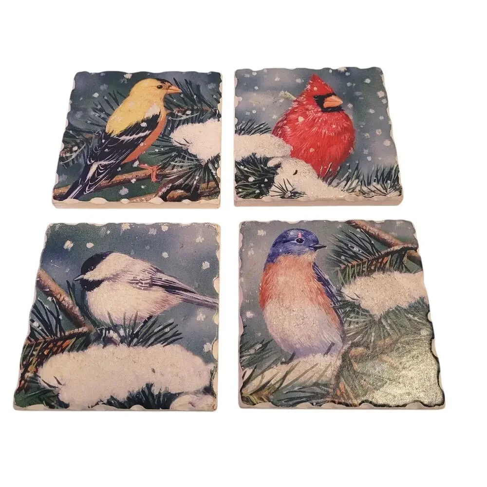 Christmas Snow Pine Bird Ceramic Coaster Set of 4 Winter